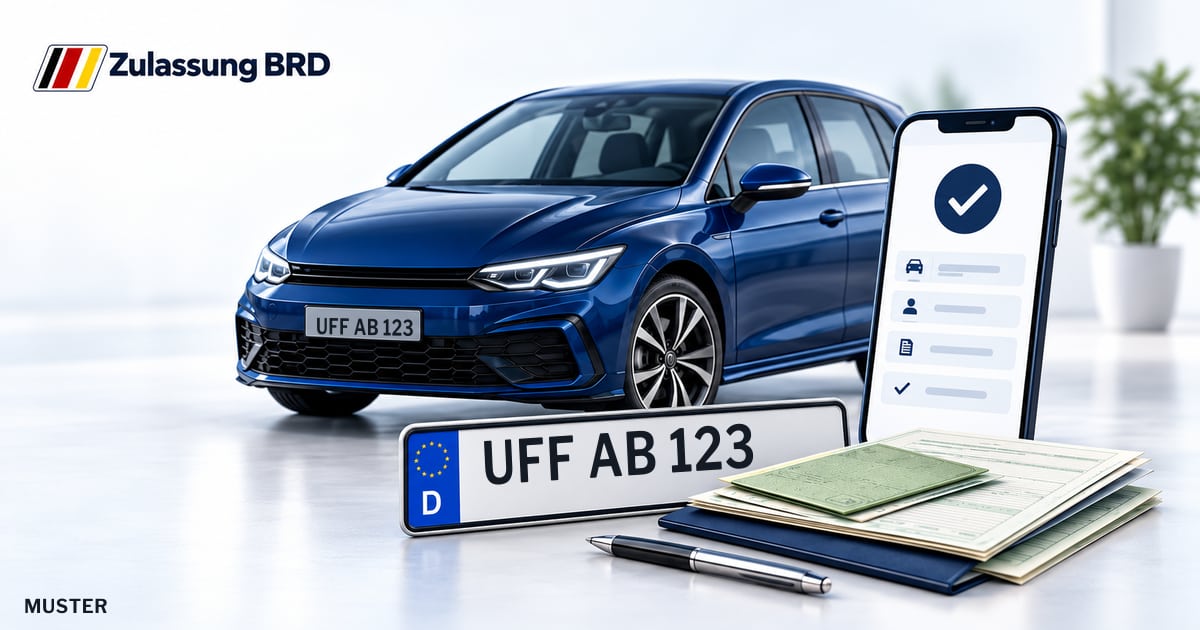 Online Fahrzeugzulassung in Uffenheim: Musterkennzeichen UFF AB 123, Auto und Fahrzeugpapiere und Smartphone. Illustration mit Logo von Zulassung BRD.